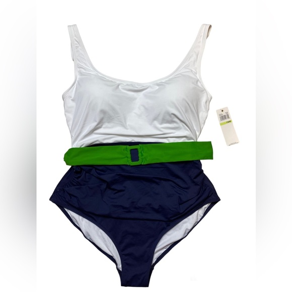 Anne Cole scoop neck belted white navy swimsuit - size 18 - Picture 4 of 10